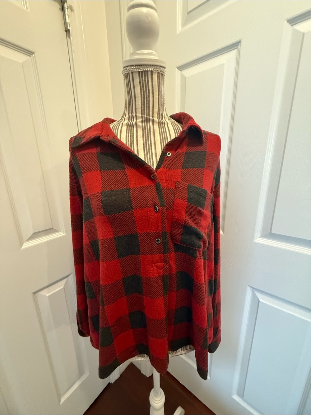 Grace and Lace Soft Flannel Red & Black Plaid 1/4 Button-Front